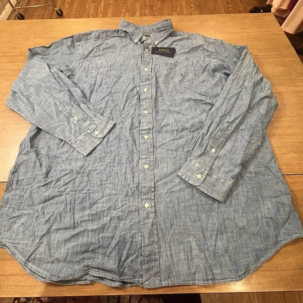 Polo Ralph Lauren Shirt Mens 2XLT Blue Chambray Button Down Indigo Long Sleeve